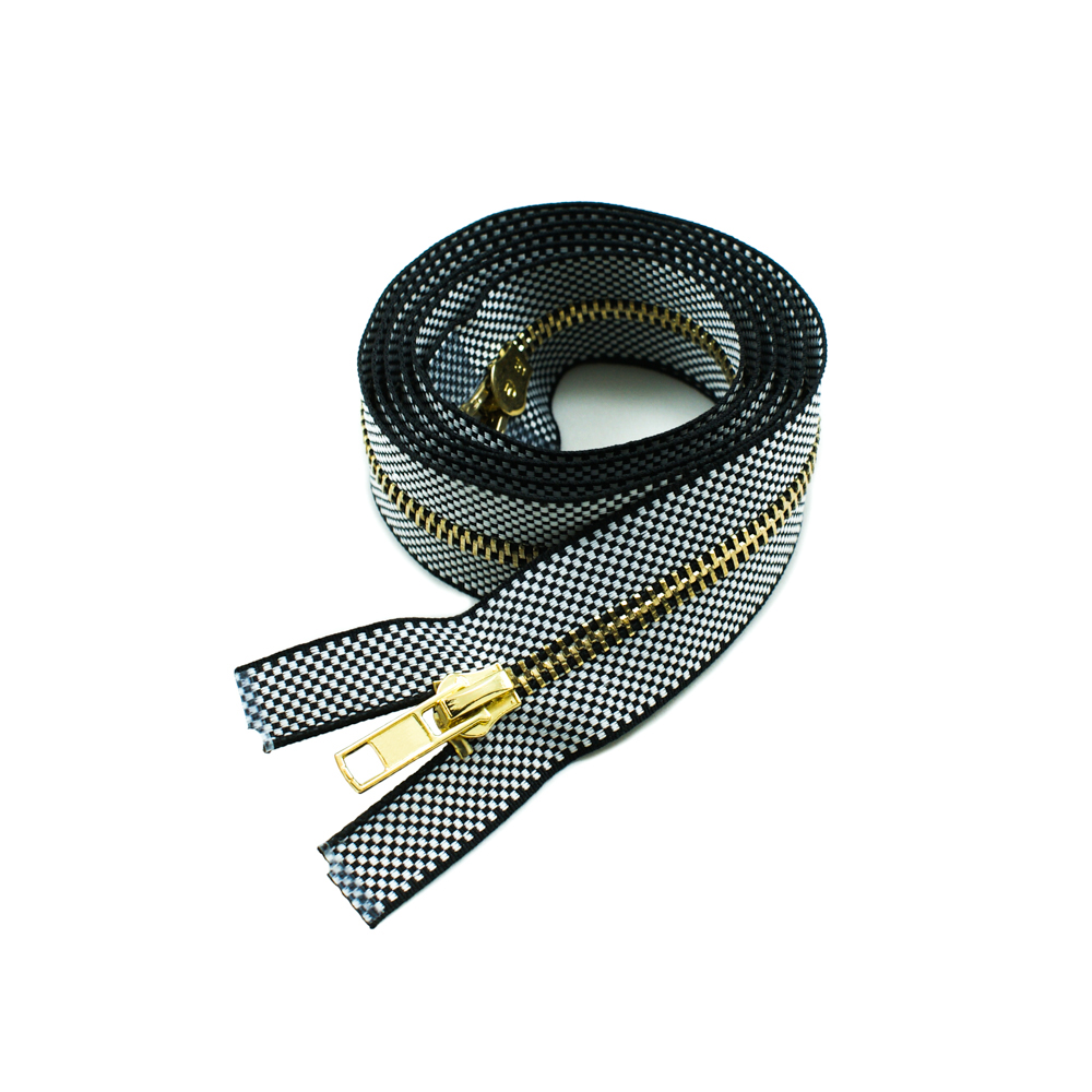Змейка металлическая №5 120см, О/Е, Gold и черно-белая клетка ткань, двусторонняя, шт. Змейка Металл
