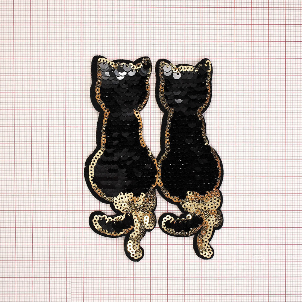 Аппликация клеевая пайетки двусторонняя Кошки 8*12см черный, золото, шт. Аппликации клеевые Пайетки