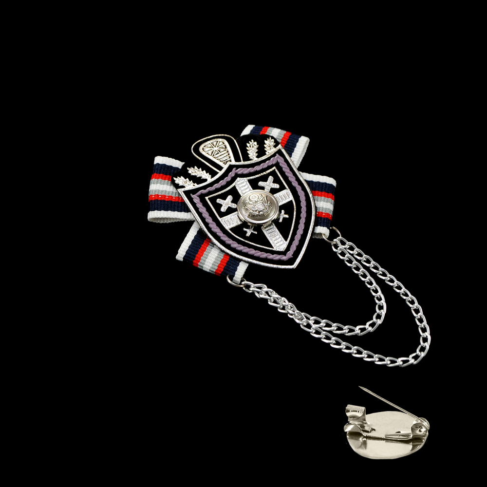 Брошь № 32 ГЕРБ-крестик серебро, пуговица, сине-серо-красная лента, шт. Броши