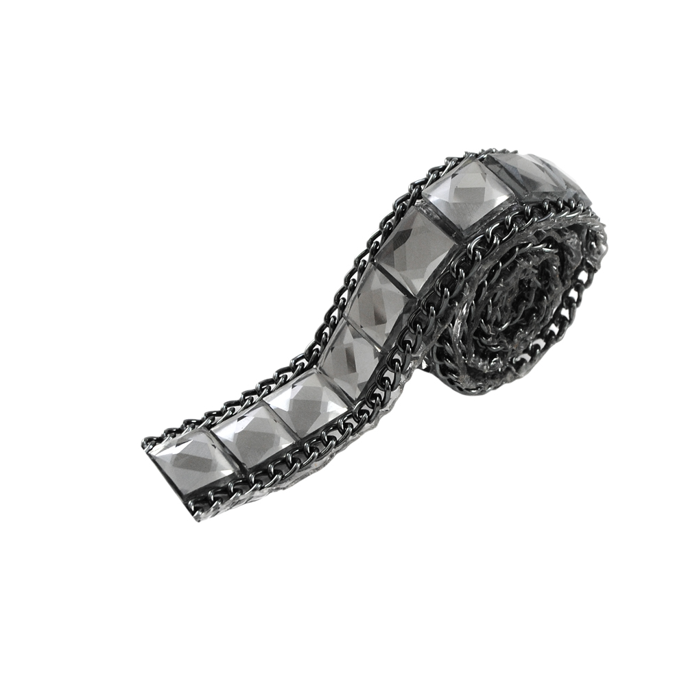 Тесьма стразы клеевые Плитка 17мм цепь black nikel, камни серые 10мм, ярд. Тесьма из страз