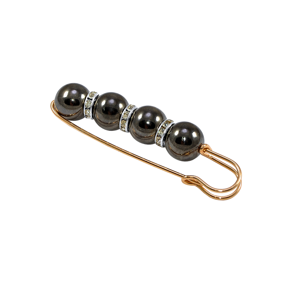 Булавка 4 бусины 7,5см золото, никель, серый жемчуг и белые камни, шт. Булавки