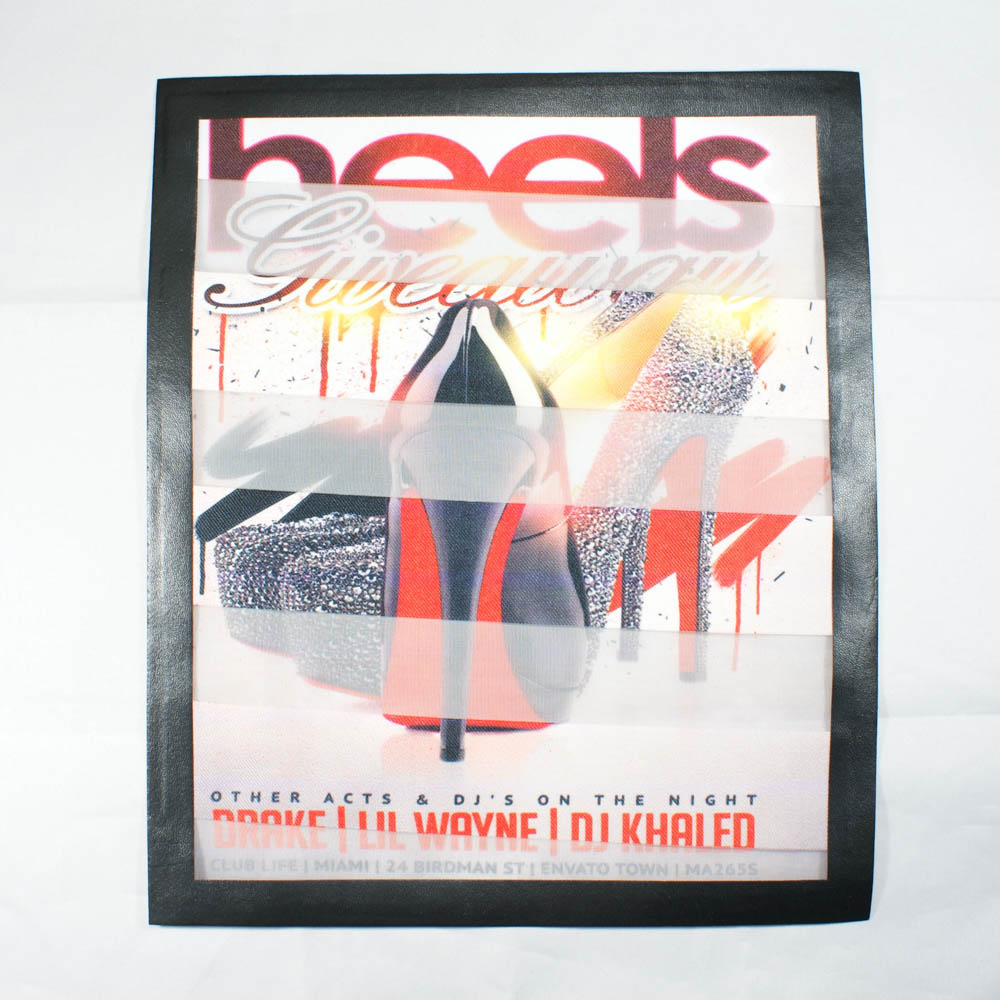 Аппликация пришивная Полоска Туфли heels 25*21см, белый фон, красно-черн.рисунок, рамка черная кожзам, шт. Аппликации Пришивные Постер