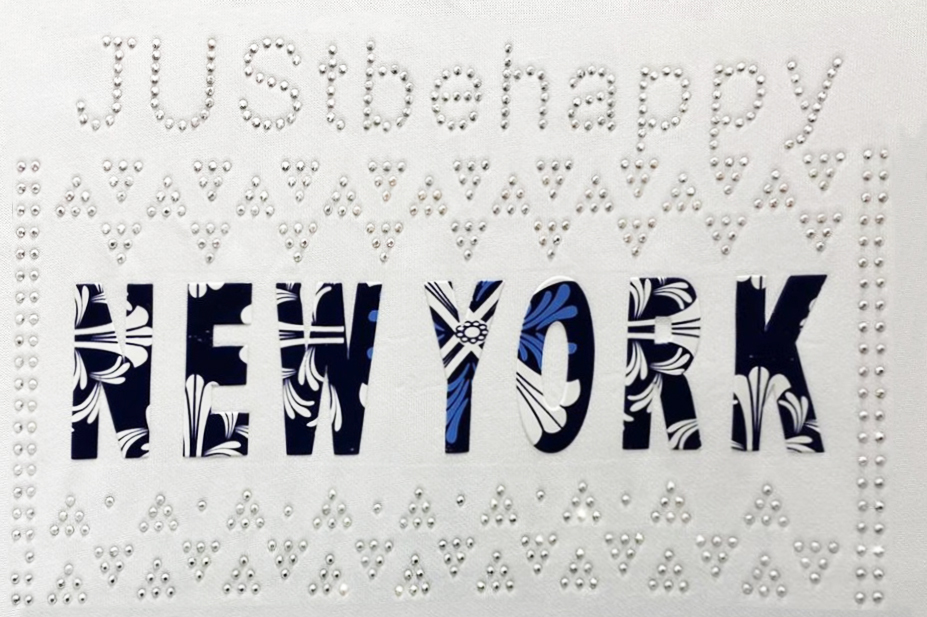 Термоаппликация стразы металл NEW YORK Just Be Happy, 13*21см, черный, белый, синий, шт. Термоаппликации Рисунки из страз