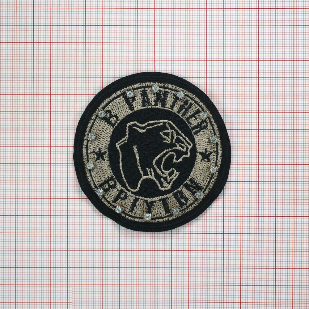 Нашивка тканевая B Panter черный, коричневая вышивка, белые камни, круглый, шт. Нашивка Вышивка, Ткань