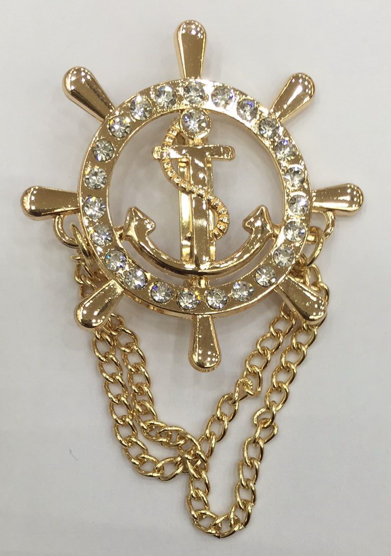 Брошь Якорь в штурвале 72*44мм, GOLD, белые камни, шт. Броши