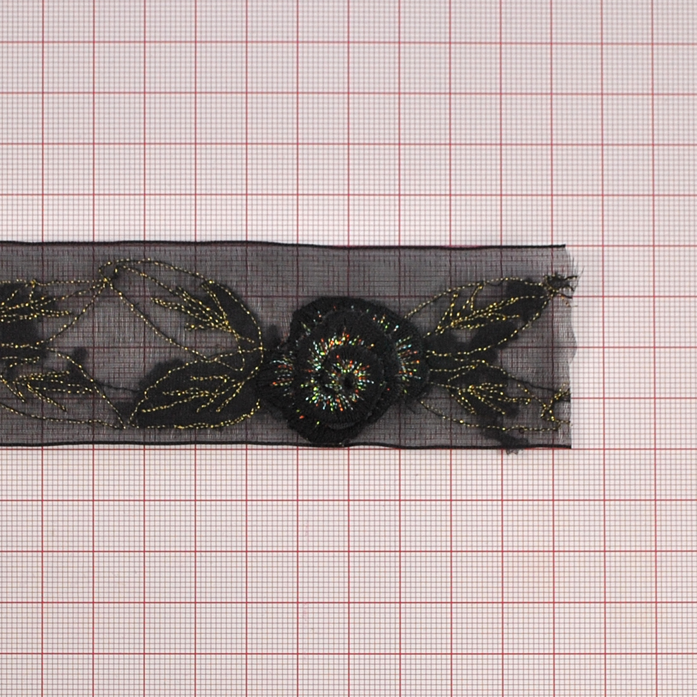 Тесьма 3,5см, органза черная, вышивка-черная роза, люрекс, м. Отделка Тесьма