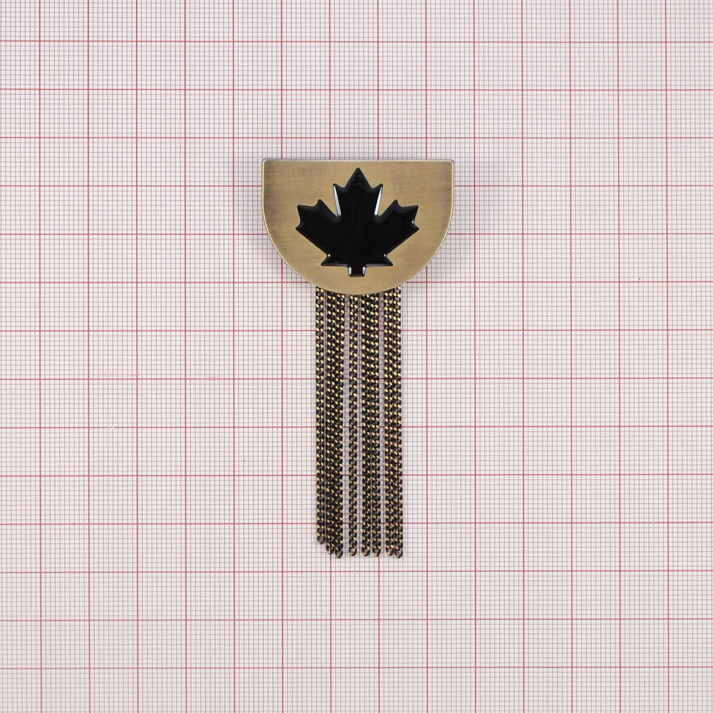 Брошь металлическая с цепочками Кленовый лист, 4*8,5см, antic brass, черный, блек никель, шт. Броши