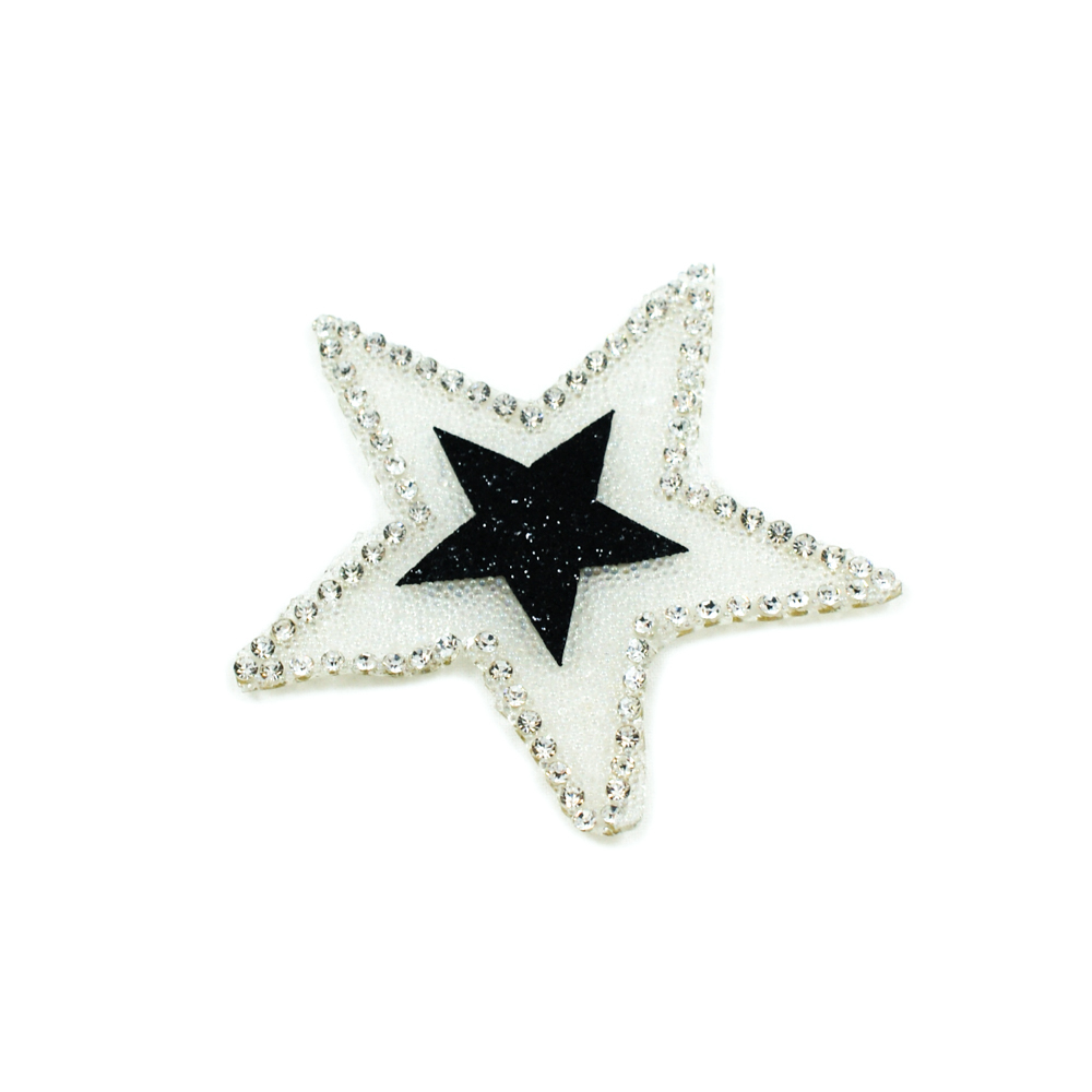 Аппликация клеевая глиттер стразы Звезда черный глиттер, серебро бисер россыпь, белые камни, 6*6см. Аппликации клеевые Глиттер
