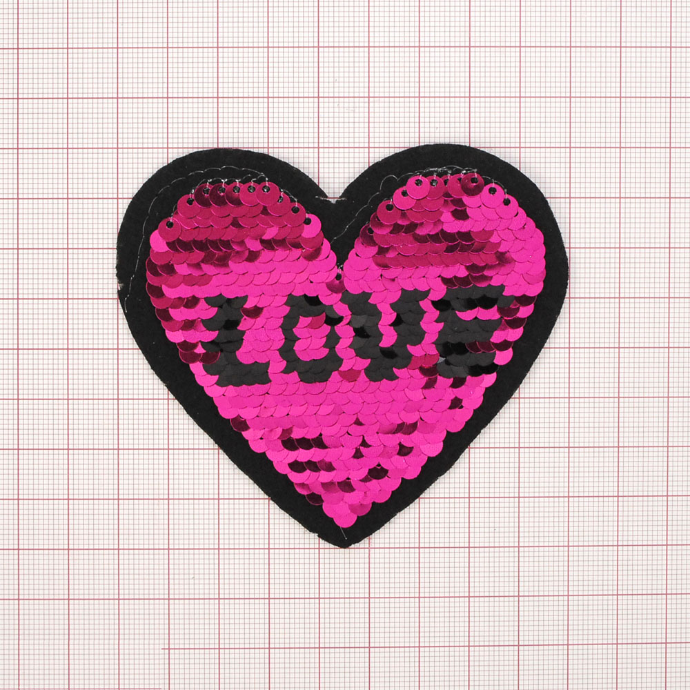 Аппликация клеевая пайетки Сердце LOVE 9*8см розовый, черный, шт. Аппликации клеевые Пайетки