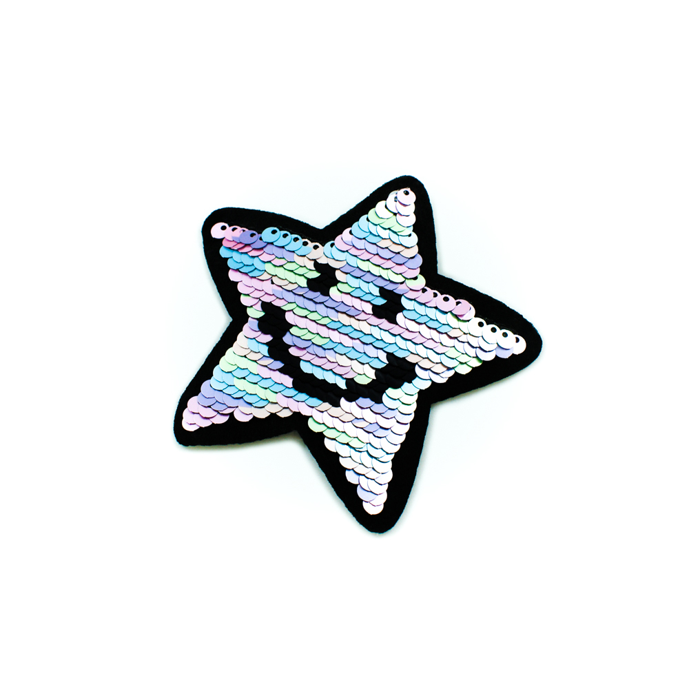 Аппликация клеевая пайетки двусторонняя Звезда Улыбка цветная матовая радуга, черные/серебро , 8*8см, шт. Аппликации клеевые Пайетки