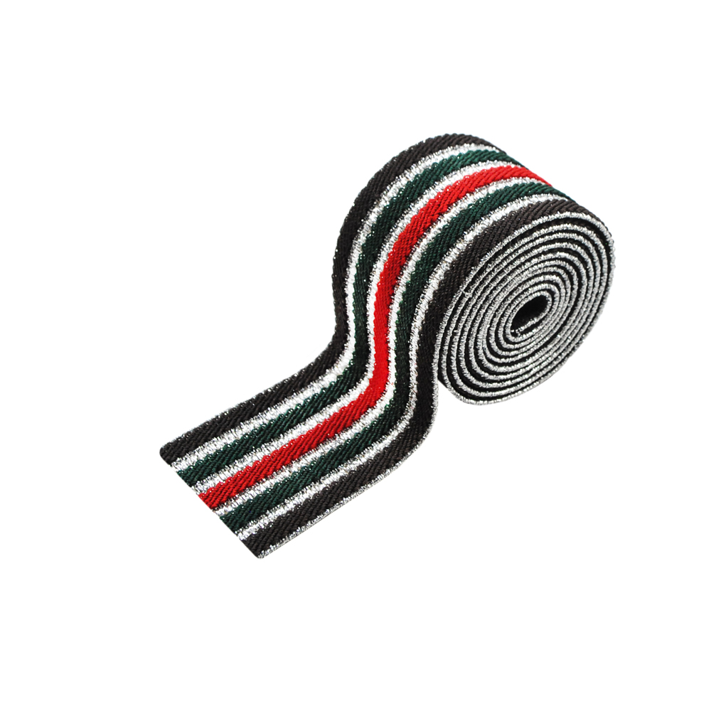 Резинка Полосы 4см, коричневый, зеленый, красный и серебряная нить, 50ярд. Резинка