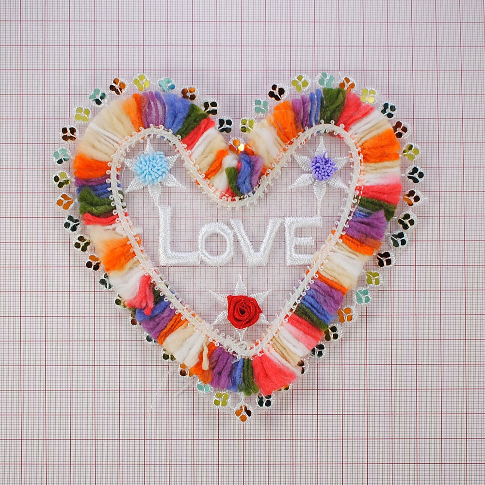 Аппликация кружевная пришивная Сердце Love, 14*15см, голубой, красный, зеленый, желтый, белый, черный, шт. Аппликации Пришивные Кружевные Вязаные
