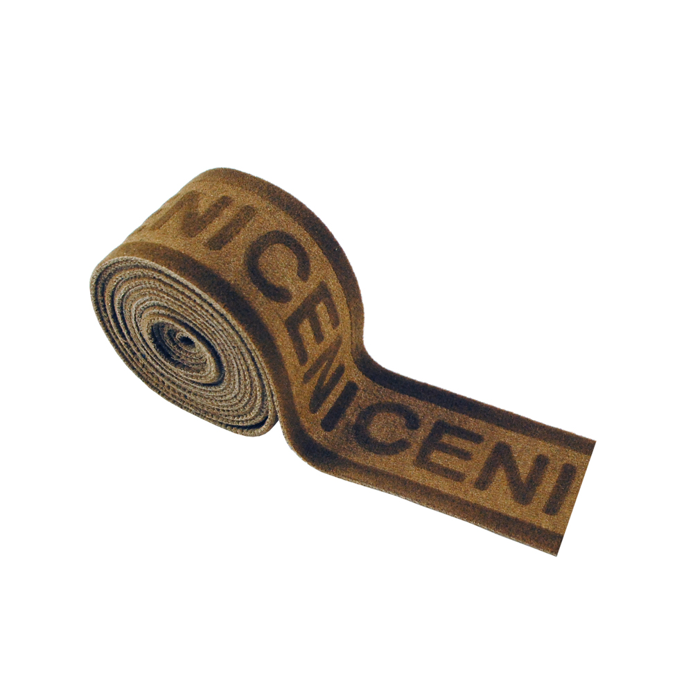 Тесьма велюр NICE 3см, бежевая основа и коричневый лого, 50ярд. Тесьма