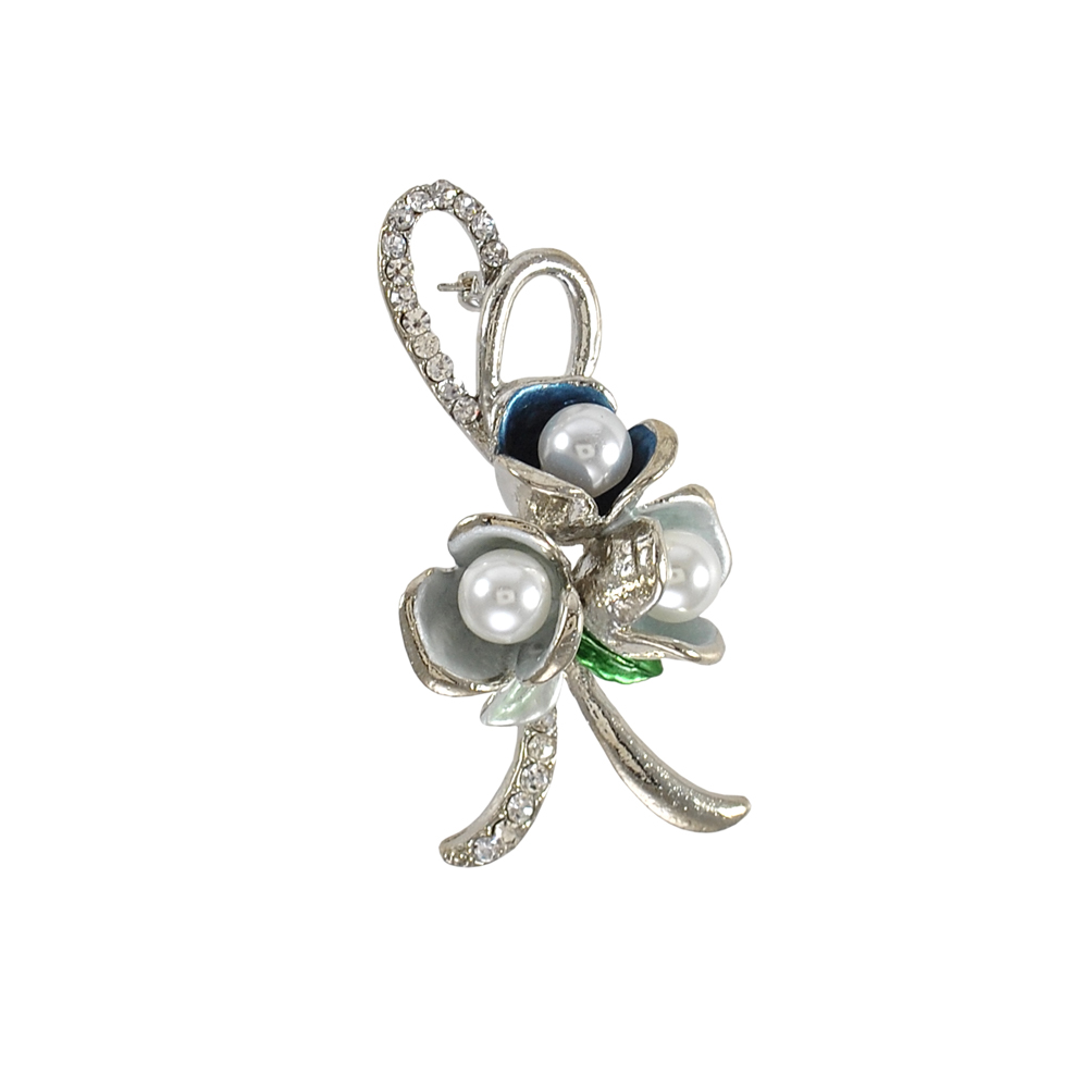 Брошь Свадебный букет никель, белые камни, белый жемчуг, зеленая эмаль, шт. Броши