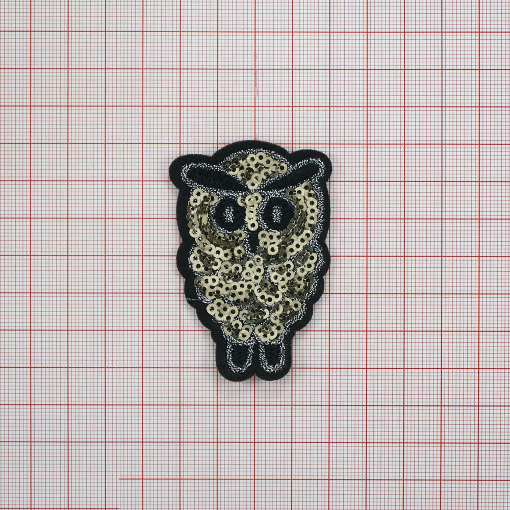 Аппликация клеевая пайетки Сова 6,4*4,4см черные, белые нити, золотистые пайетки. Аппликации клеевые Пайетки