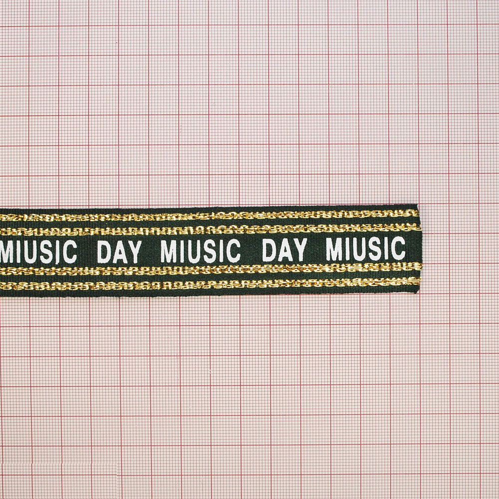 Тесьма тканевая пришивная MIUSIC DAY 3см, темно-зеленый, белый, золотой люрекс, 50ярд. Тесьма