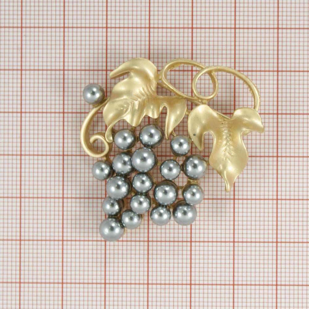 Брошь Виноград GOLD, темно-серый жемчуг, серые камни, шт . Броши