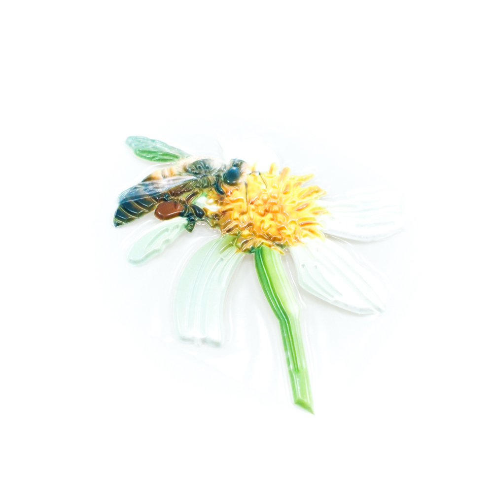 Термоаппликация резиновая 6088 Пчела на ромашке 10,1*12,7см зеленый, белый, желтый, коричневая пчелка, шт. Термоаппликации Накатанный рисунок