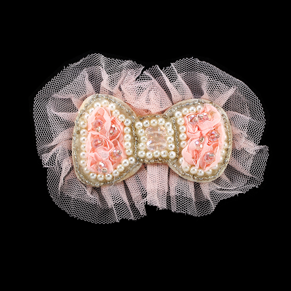 Аппликация декор №168 Бант розов. сетка, жемчуг, камни, бисер. Аппликация Декор
