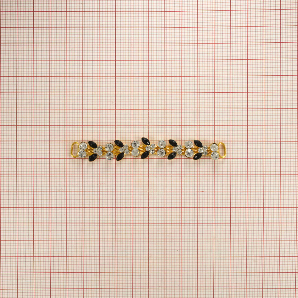 Укр.стекл. 9898 перетяж. 9*1,2см GOLD, 5 цветков-черн.камни.глаз, 6 пар бел.камни, на цепи. Перетяжка металл со стразами