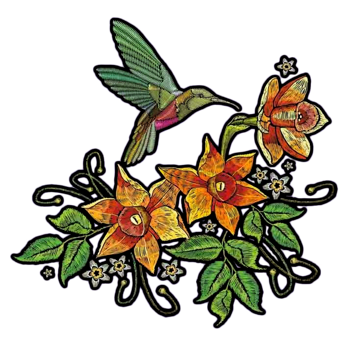 Термоаппликация Колибри, 3 цветка 22,4*23,6см зеленый, оранжевый, черный, шт. Термоаппликации Накатанный рисунок