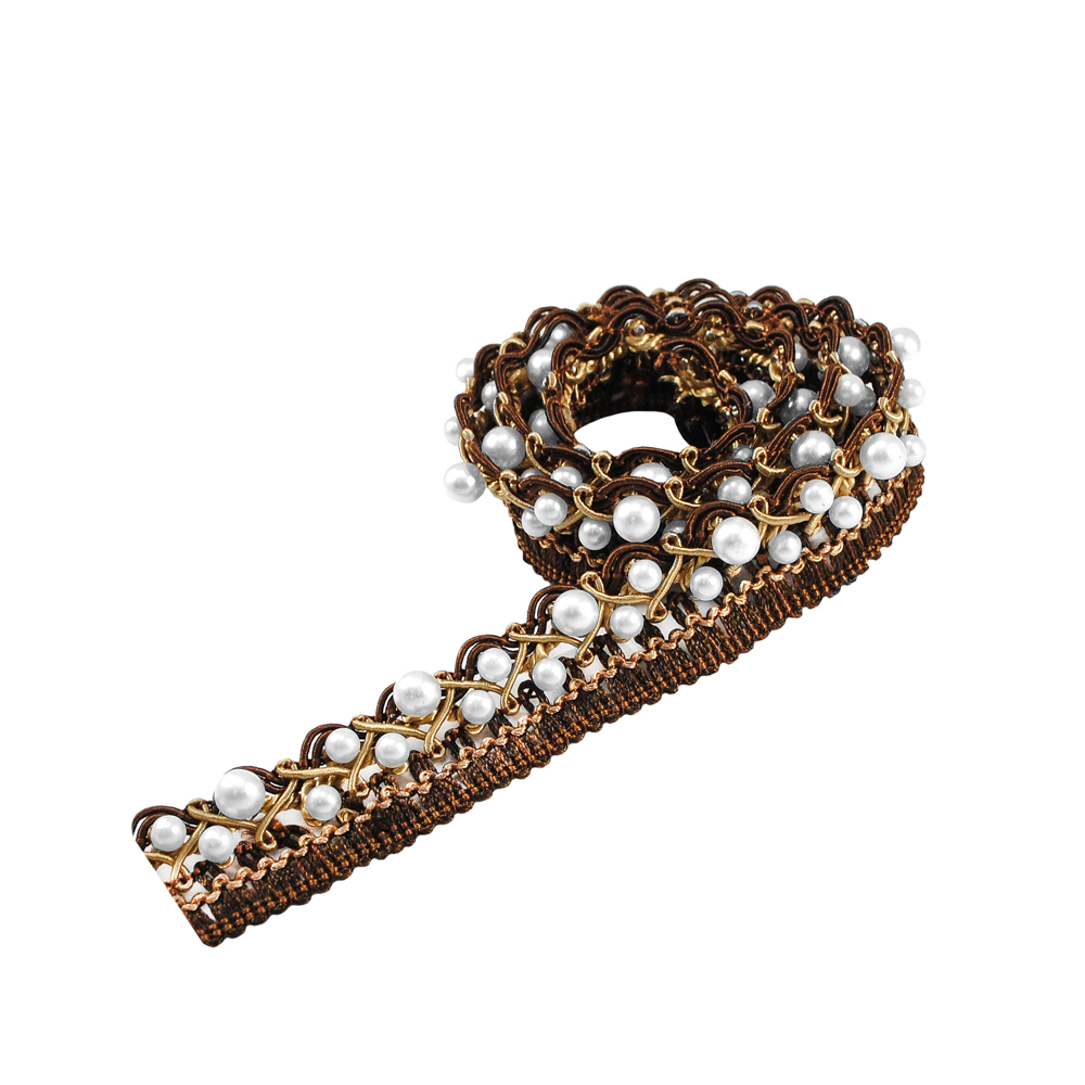 Тесьма ткань пришивная 3см Два ряда жемчуг петельки коричневый и золото, ярд. Тесьма