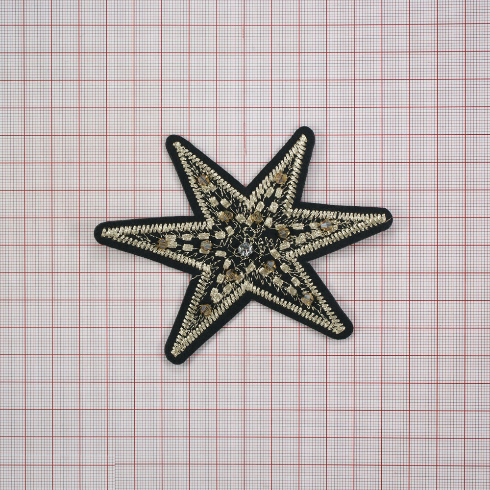 Аппликация клеевая вышитая Звезда 11*8,5см черный, бежевый, белый камень, шт. Аппликации клеевые Вышивка