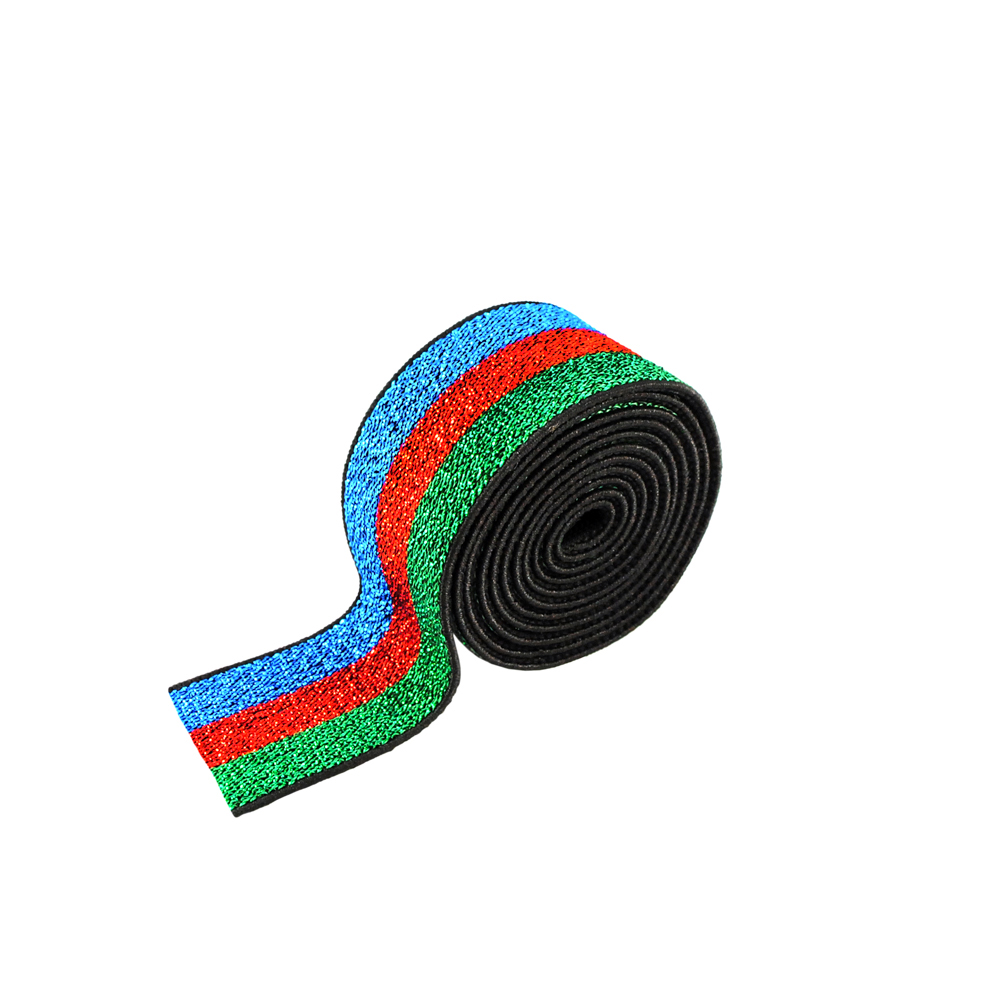 Резинка люрекс Полосы 2,5см, зеленый, красный и синий люрекс, 50ярд. Резинка