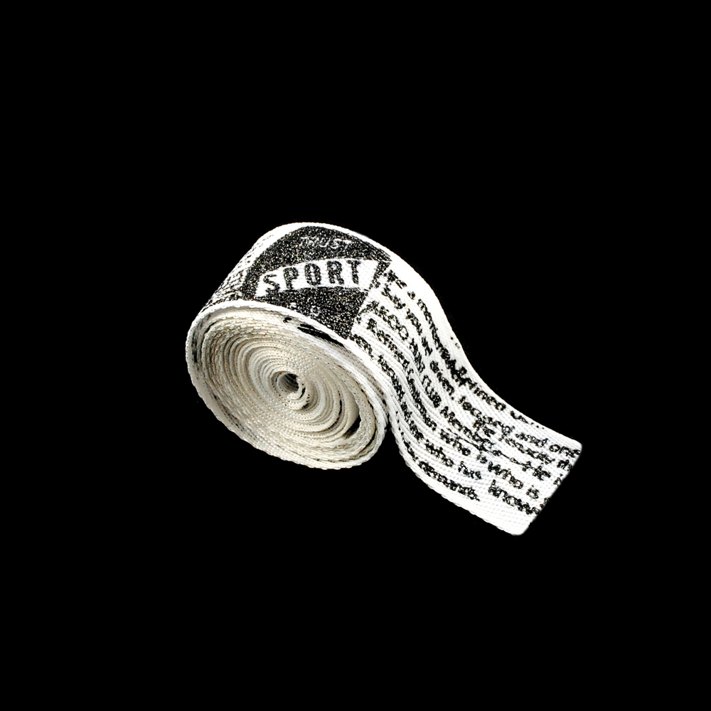 Тесьма киперная Надписи 2,5см, черный, белый, люрекс серебро, 48рд. Тесьма