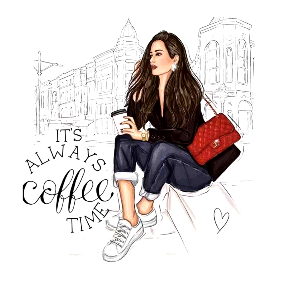 Термоаппликация Девушка с кофе, 22*22см, черный, синий,  красный, шт. Термопереводки Надписи