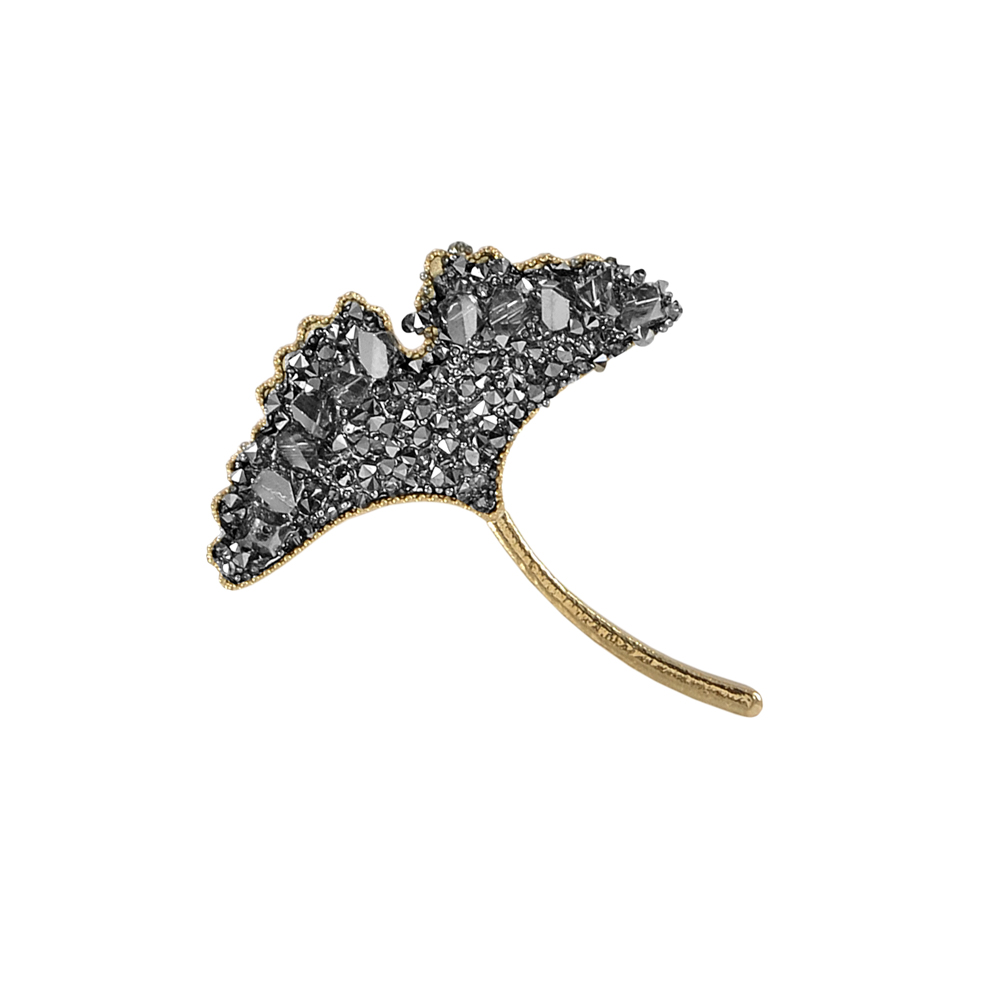 Брошь с камнями Листик, 4*4,5см, золото, black diamond,, шт. Броши