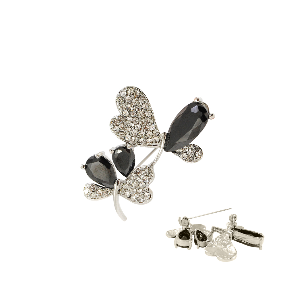 Брошь 44 Веточка 3 капли 32*45мм, NIKEL, белые камни, 3 черные капли, шт. Броши