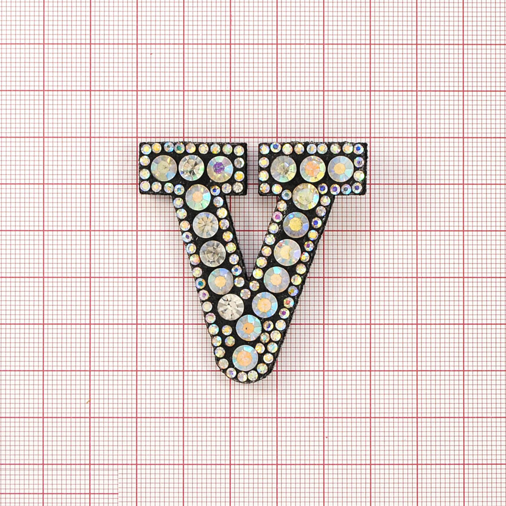 Аппликация клеевая стразы V 5*5см, черный, камни белый хамелеон, шт. Аппликации клеевые Стразы комб.