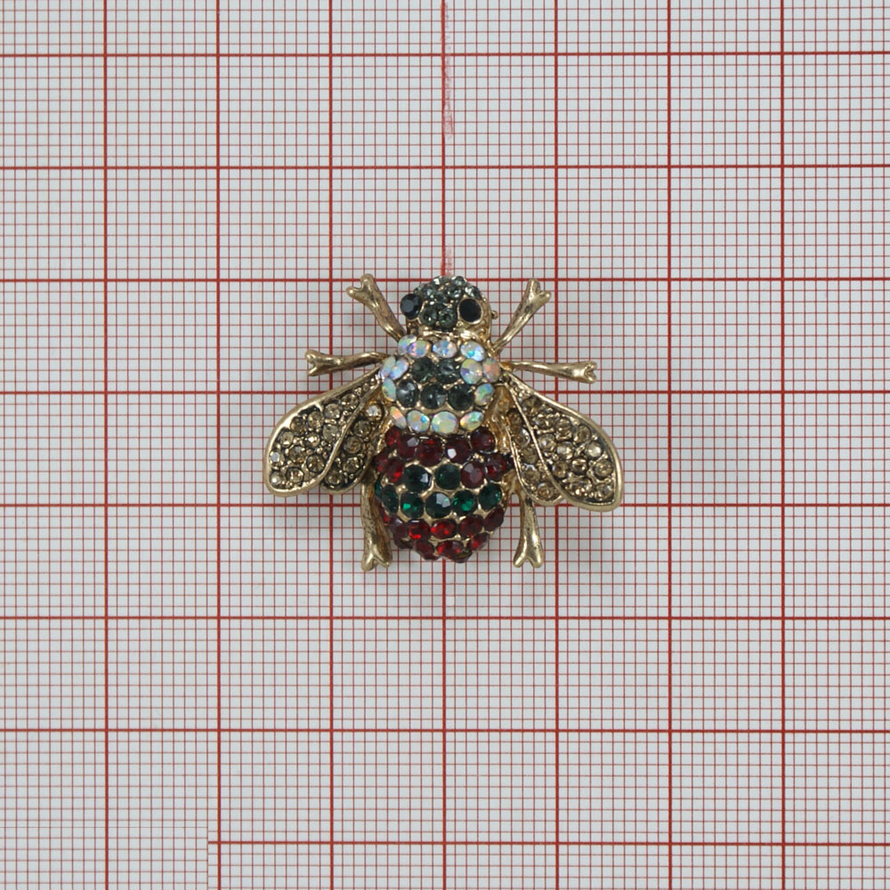 Брошь Веселая муха золото, зеленый, желтый, красные камни. Броши