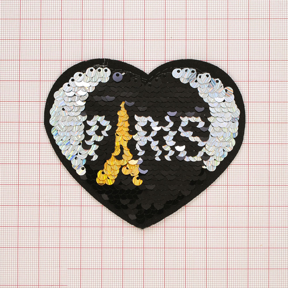 Аппликация клеевая пайетки двусторонняя Сердце 9*10см, черный, золото, серебро, хамелеон, шт. Аппликации клеевые Пайетки
