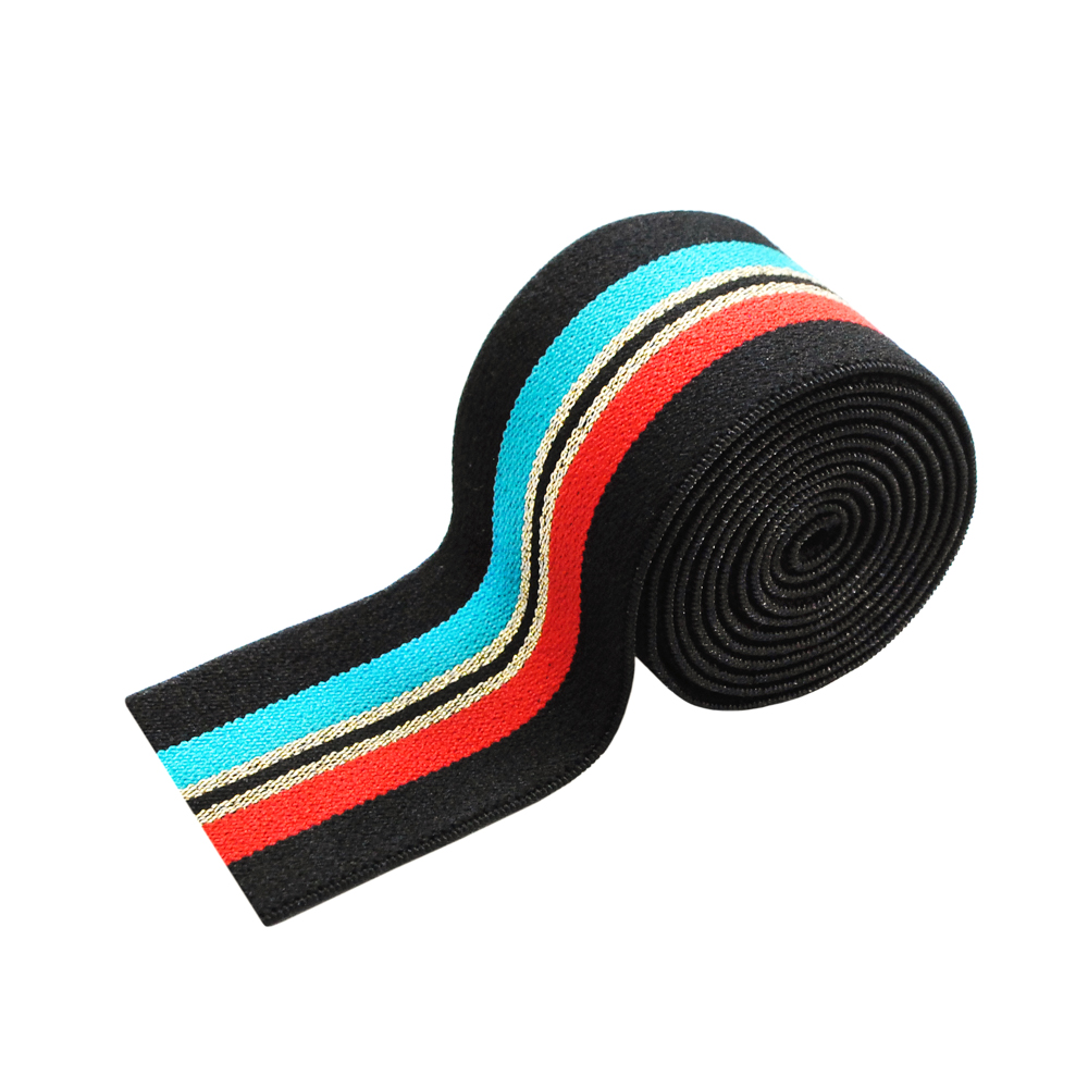 Резинка люрекс Полосы 4см, черный, красный, бирюзовый и золотой люрекс, 50ярд. Резинка