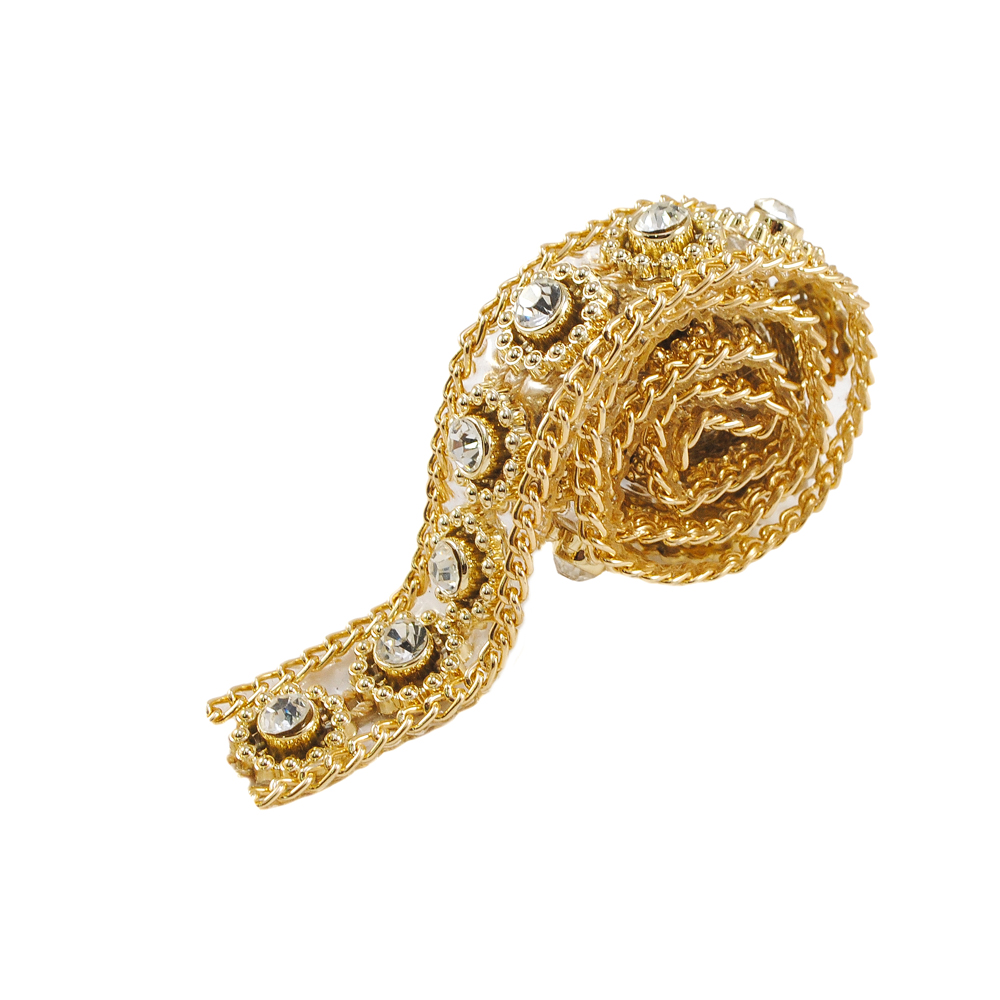 Тесьма стразы клеевые Колеса 20мм цепь GOLD, белые камни 5мм, ярд. Тесьма из страз