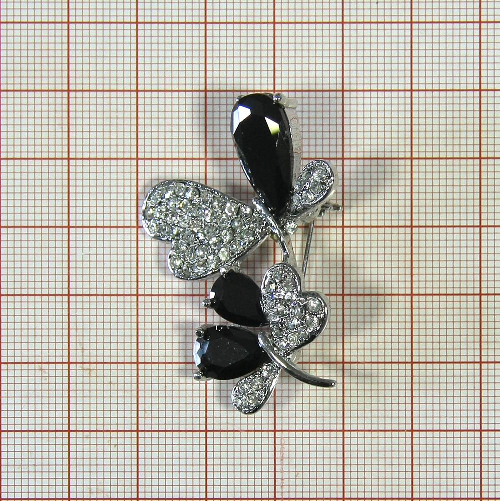 Брошь 44 Веточка 3 капли 32*45мм, NIKEL, белые камни, 3 черные капли, шт. Броши