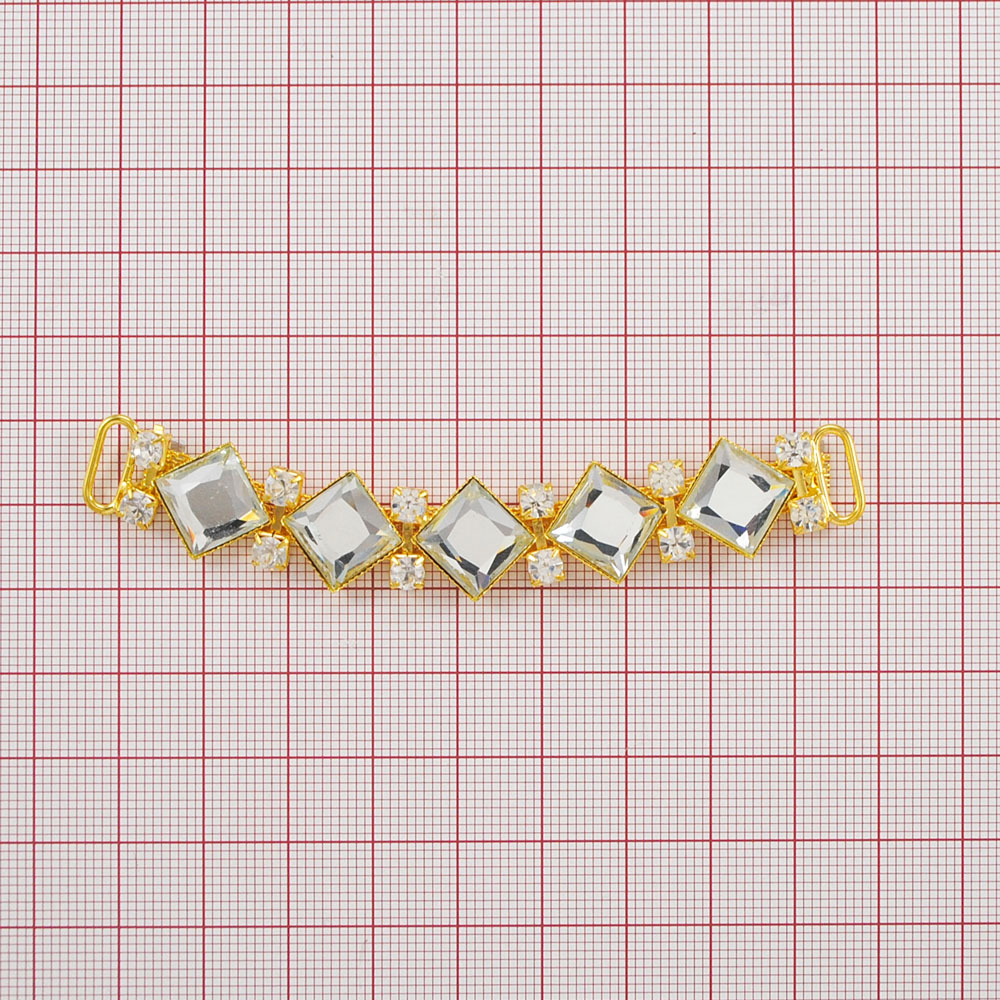 Укр.стекл.  9913 перетяж. 9*1,4см GOLD, 5 квадратн.камней желт.хамелеон, 6 пар бел.камни. Перетяжка металл со стразами
