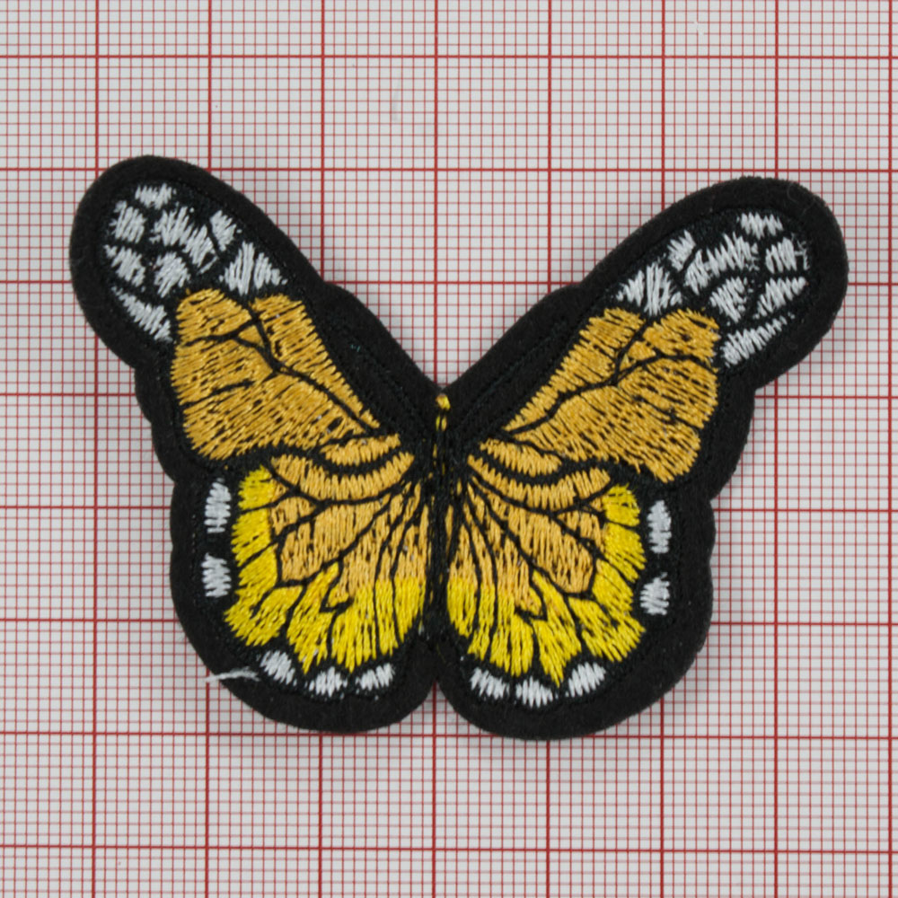 Аппликация клеевая вышитая Бабочка желтая 7*5,5см, желтый, белый, черный. Аппликации клеевые Вышивка
