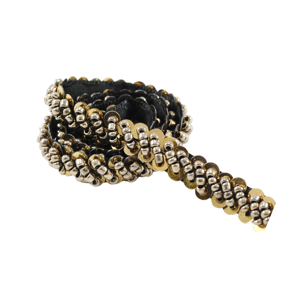 Тесьма Жгут из бисера и пайеток 0,6см, черный, золотой, ярд. Тесьма