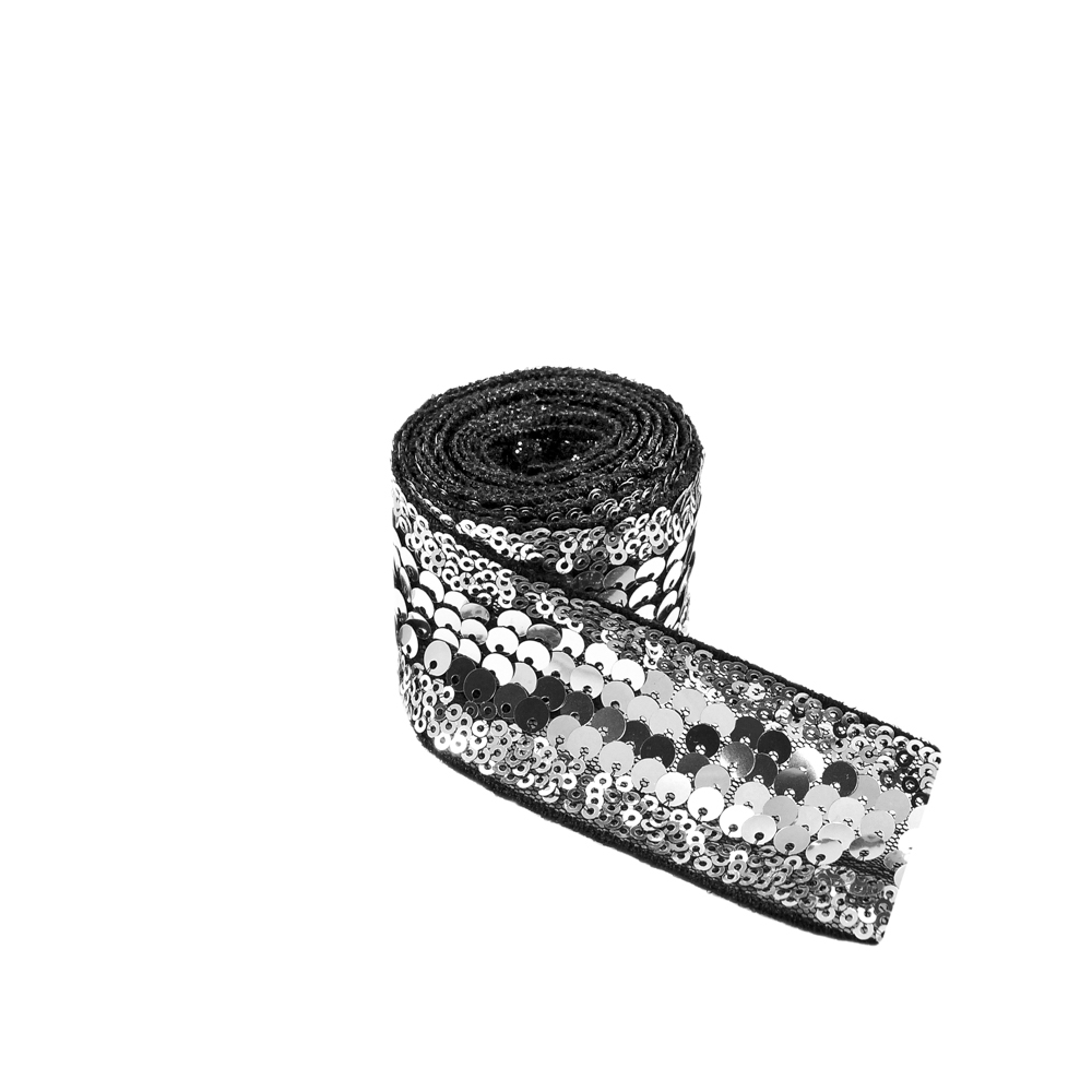 Тесьма Пайетки 4см, черный и серебряные пайетки, 20ярд. Тесьма