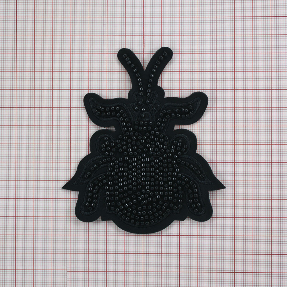 Нашивка тканевая бисер пришивная Паук 9*10,2см черная вышивка, черный бисер, шт. Нашивка Стразы, Бисер