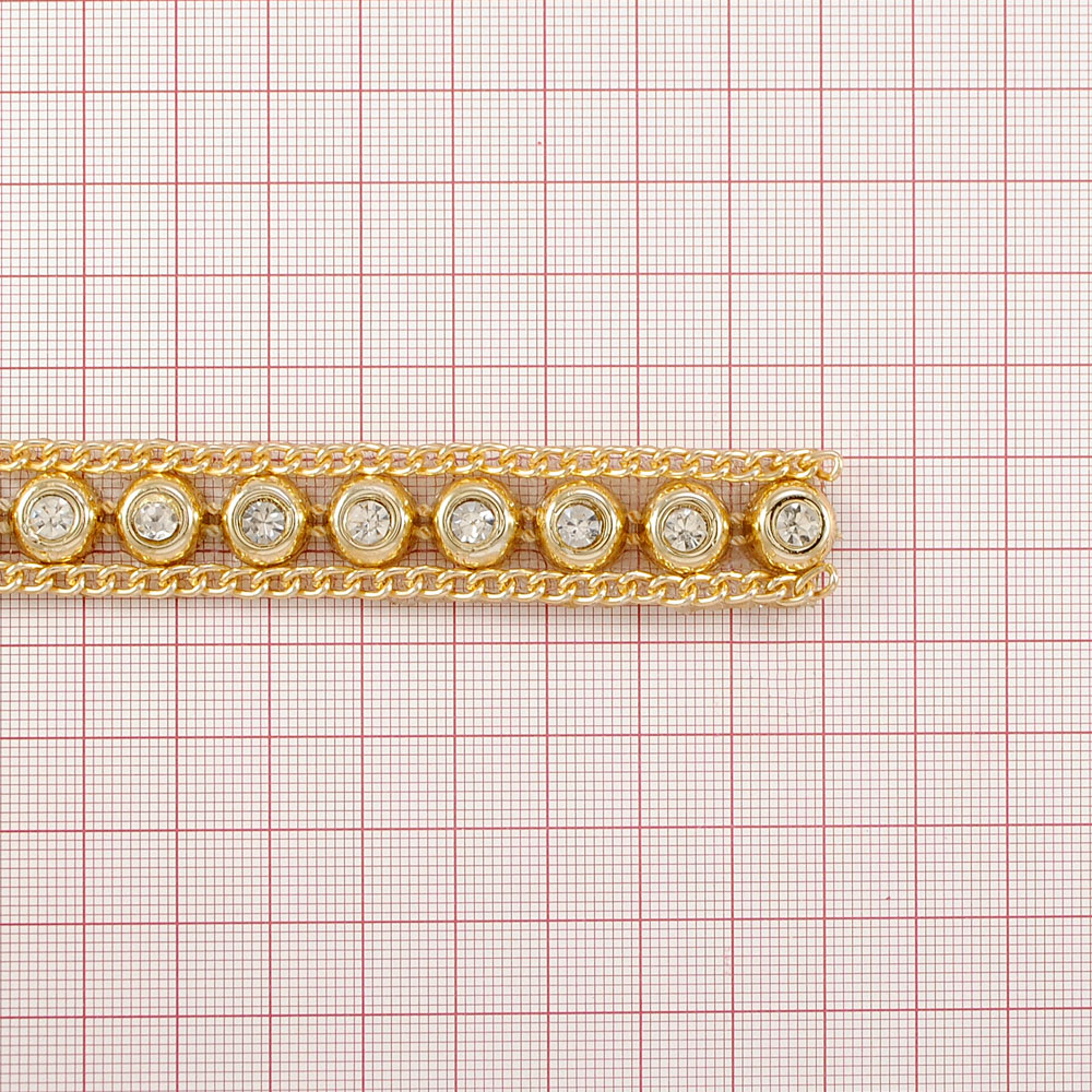 Тесьма стразы клеевые Точки 15мм цепь GOLD, белые камни 5мм, ярд. Тесьма из страз