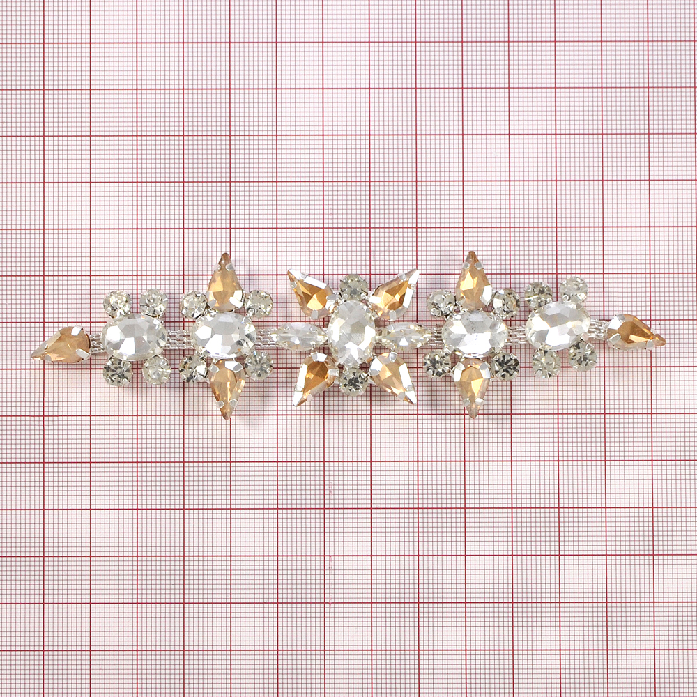 Декор стразы Цветы, 13,2*3см, никель, белые и янтарные камни, шт. Тесьма из страз