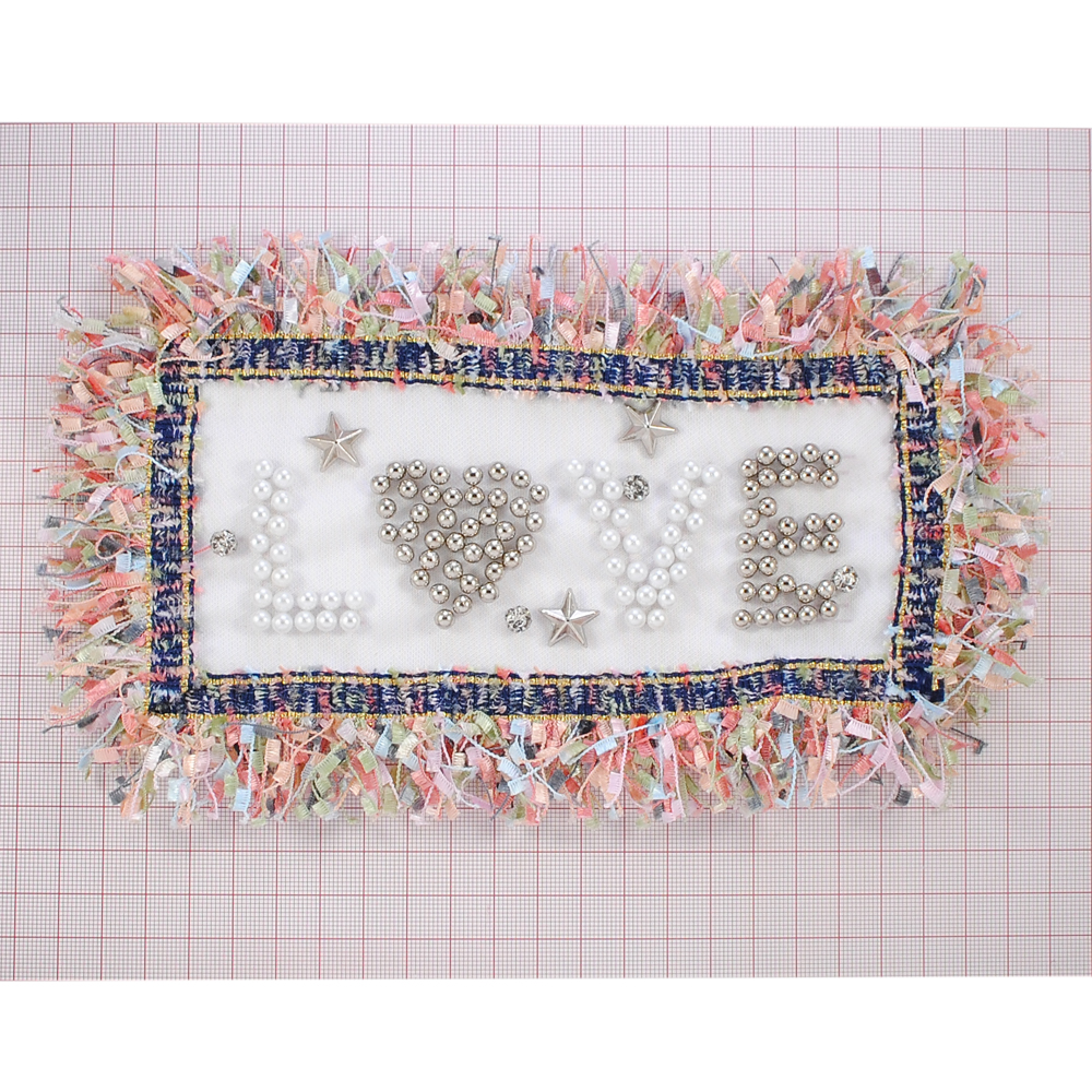 Аппликация тканевая пришивная с бусинами, бахрома, LOVE, 8*18см,  золлото, белый, ченрный, оранжевый, розовый, желтый, ,жемчужины, шт. Аппликации Пришивные Ткань, Органза