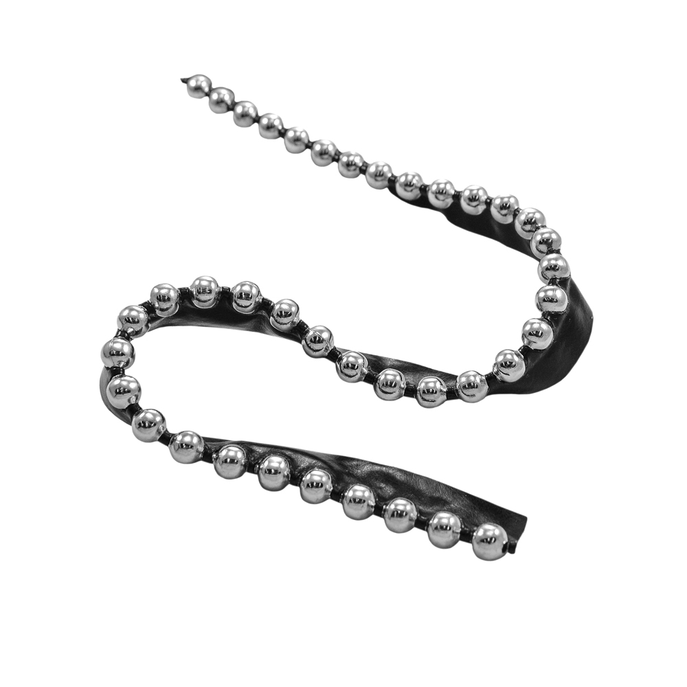 Тесьма кожзам с металлическими шариками 6мм, ширина 14 мм, черный кожзам и металл Nickel, ярд. Тесьма