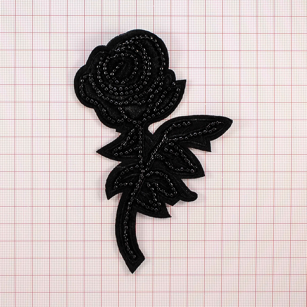 Нашивка тканевая бисер пришивная Роза черная Стебель 9,3*14,2см черный, черный бисер, шт. Нашивка Стразы, Бисер