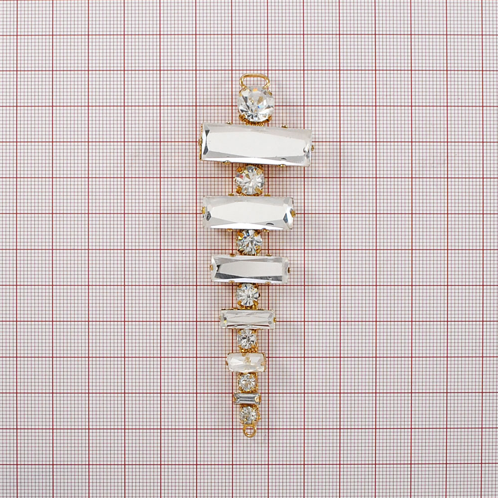 Укр.стекл. HW-1426 перетяж. на цепи 10*3см GOLD, Пирамидка-6 прямоуг.бел.камней. Перетяжка металл со стразами