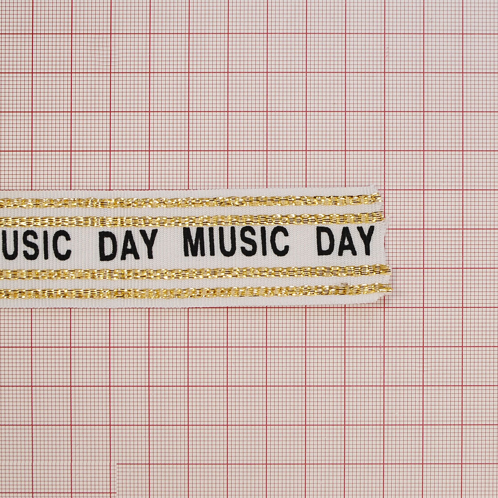 Тесьма тканевая пришивная MIUSIC DAY 3см, белый, черный, золотой люрекс, 50ярд. Тесьма